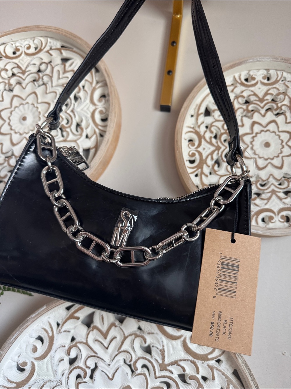 Black Patent Shoulder Bag with Silver Chain